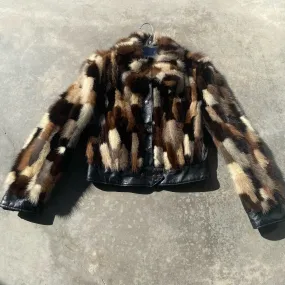 70s Mink Cropped Jacket Chic Womens Leather Fur Coat Bond Girl Vintage Size S M