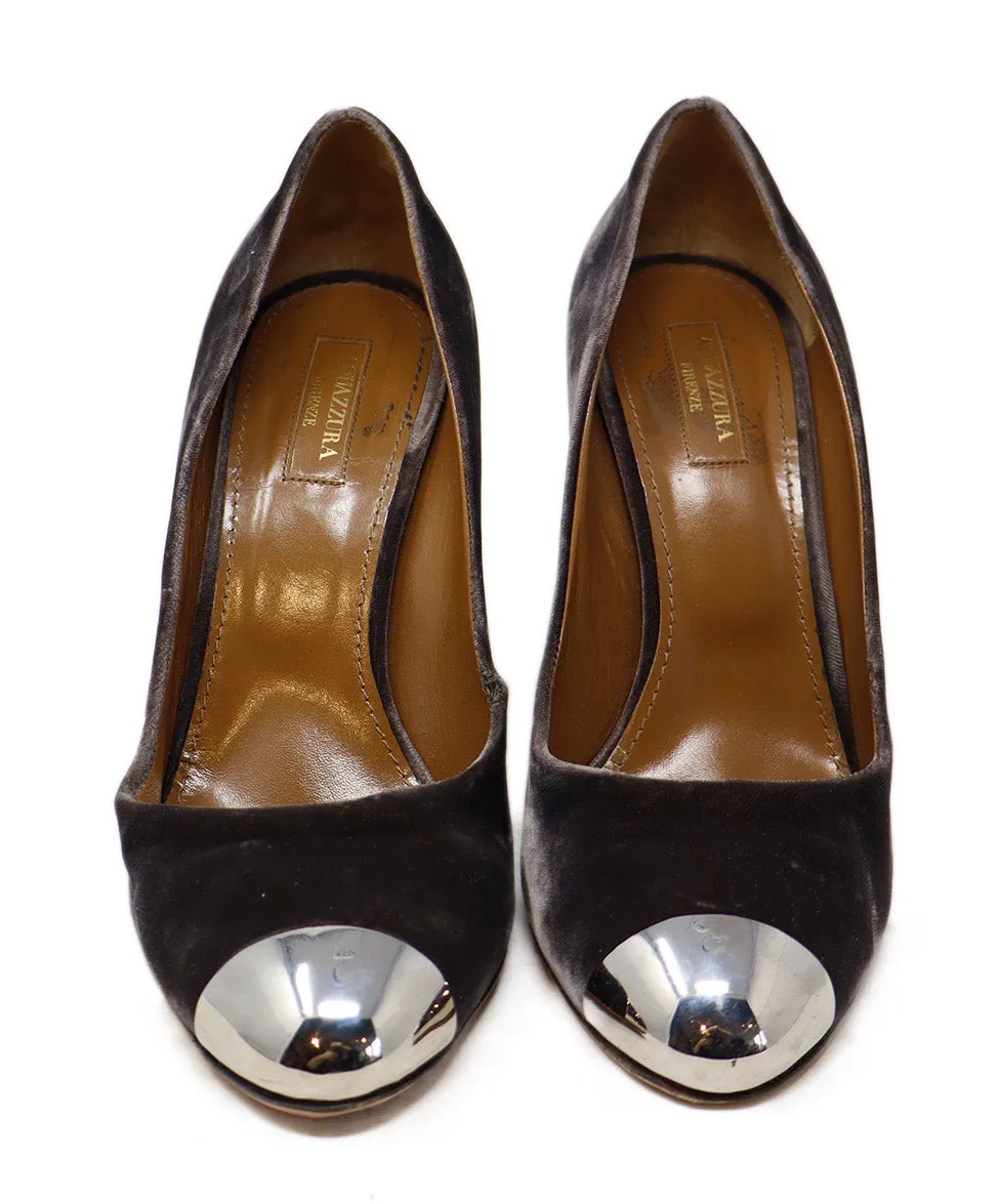 Aquazzura Brown Velvet & Metal Toe Heels sz 10