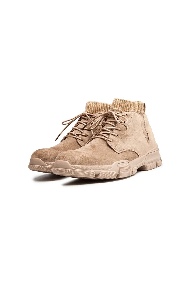 Beige Inside Ribbed Lining Boots Mens Shoes Faux Suede Vintage Winter