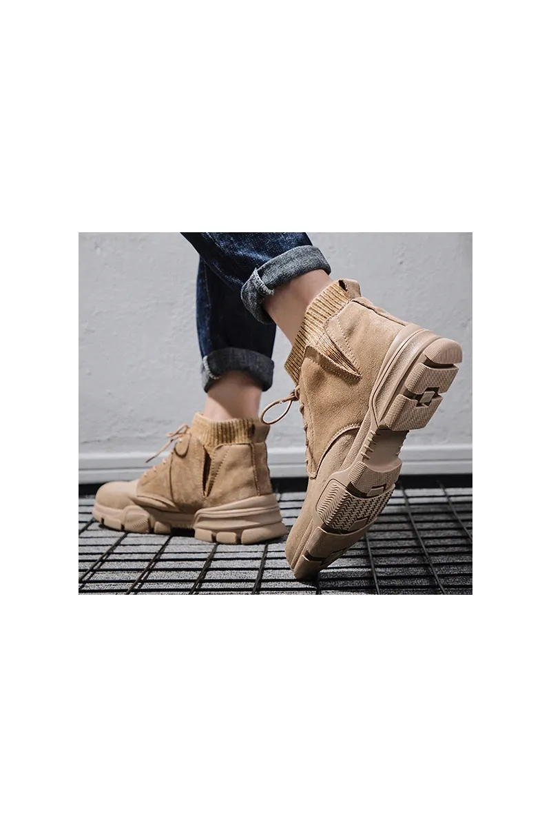 Beige Inside Ribbed Lining Boots Mens Shoes Faux Suede Vintage Winter