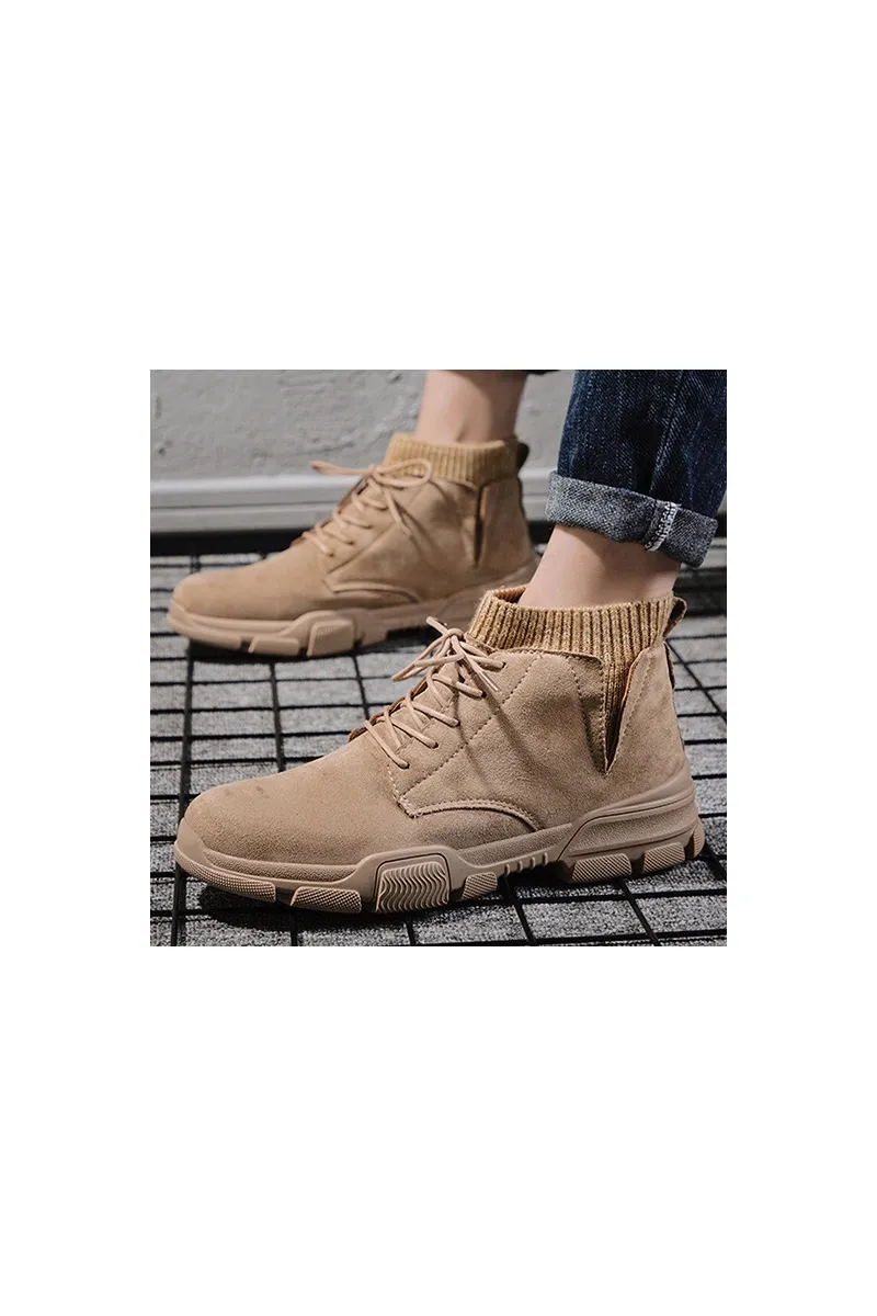 Beige Inside Ribbed Lining Boots Mens Shoes Faux Suede Vintage Winter
