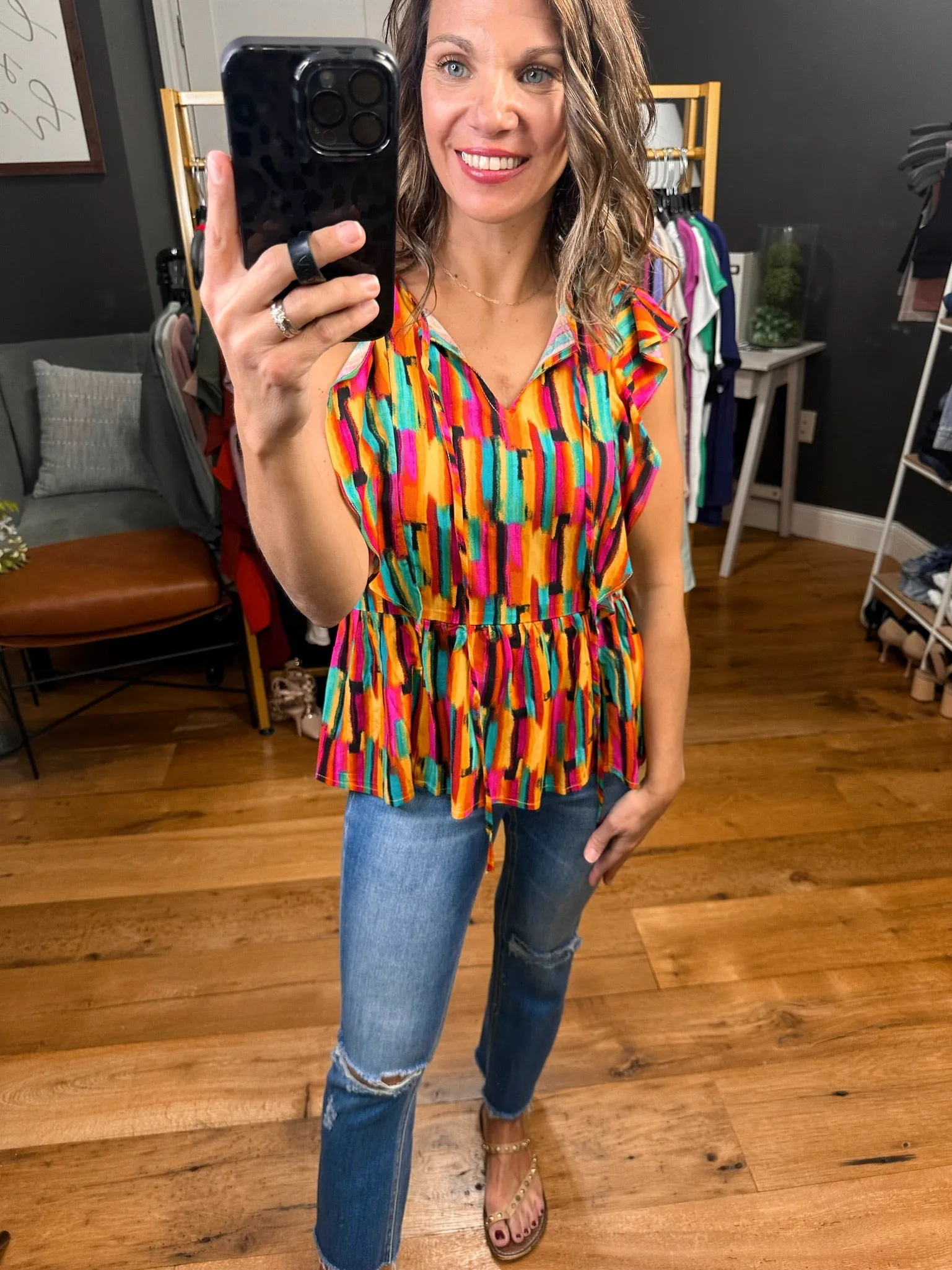 Bright & Bold Flutter Detail Peplum Top - Multi