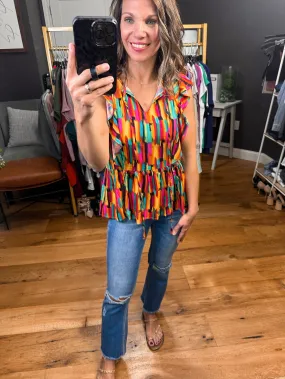 Bright & Bold Flutter Detail Peplum Top - Multi