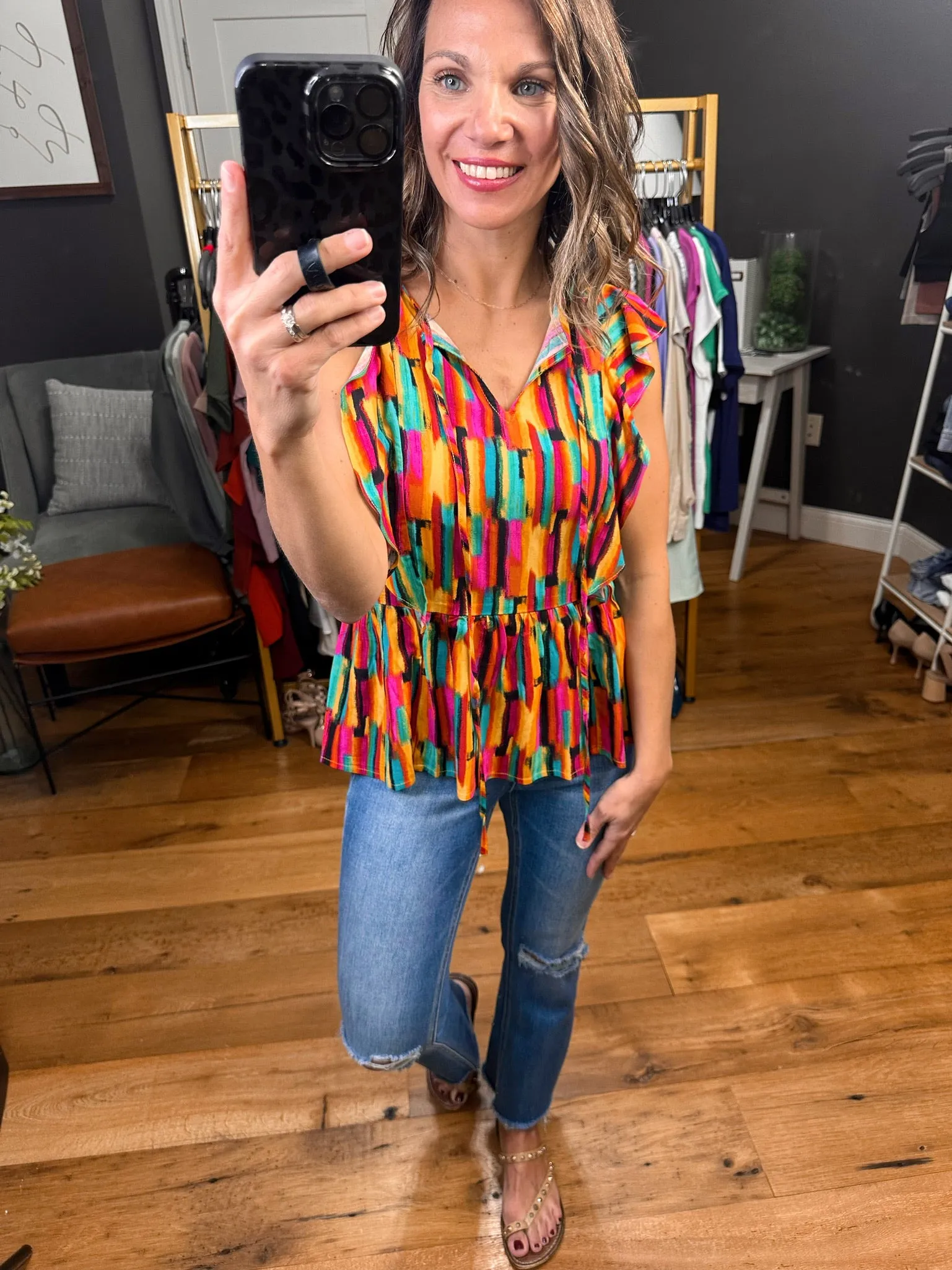 Bright & Bold Flutter Detail Peplum Top - Multi