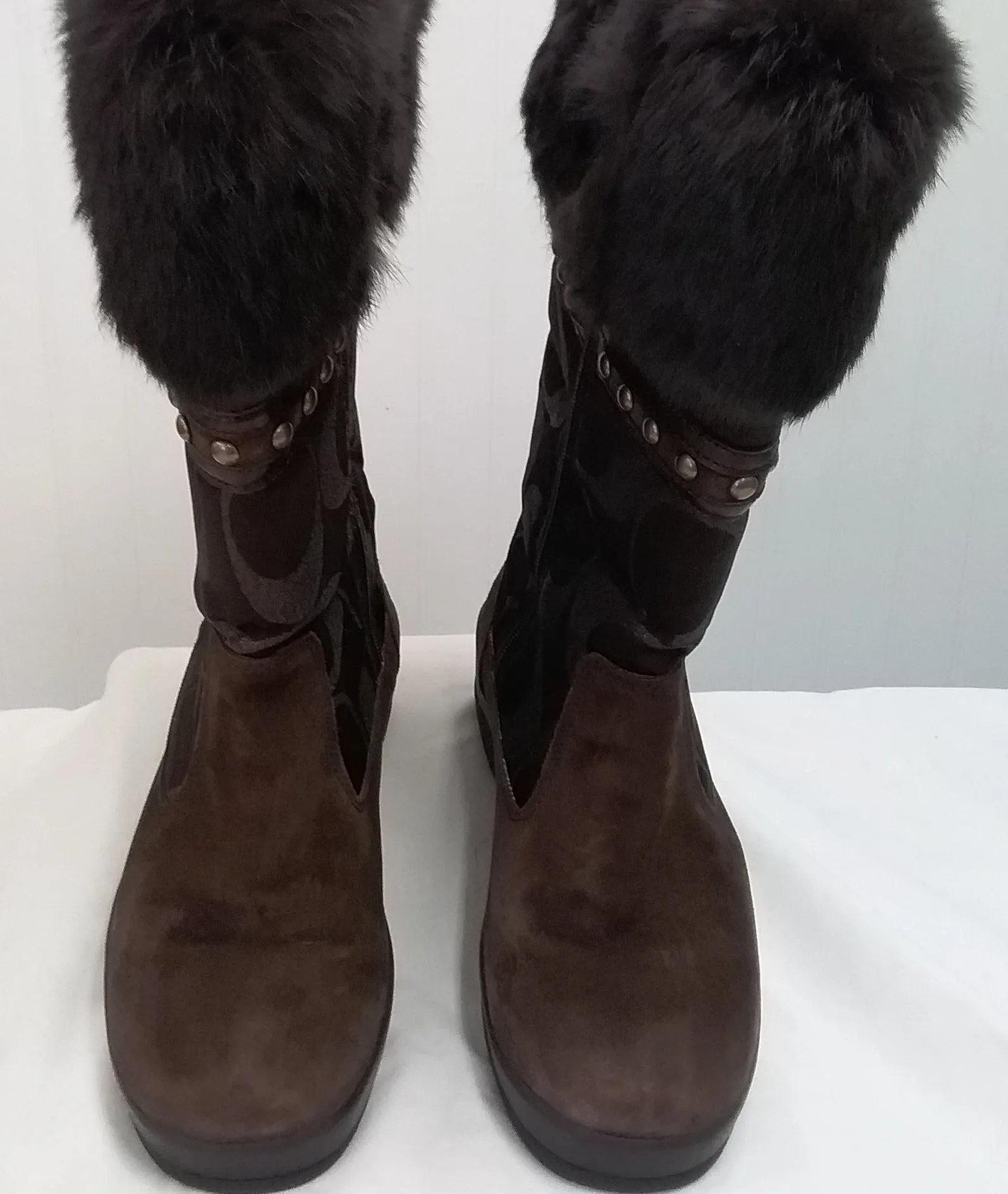 Coach Lesly Brown Canvas, Suede and Fur Boots