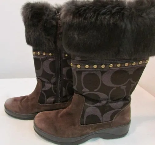 Coach Lesly Brown Canvas, Suede and Fur Boots