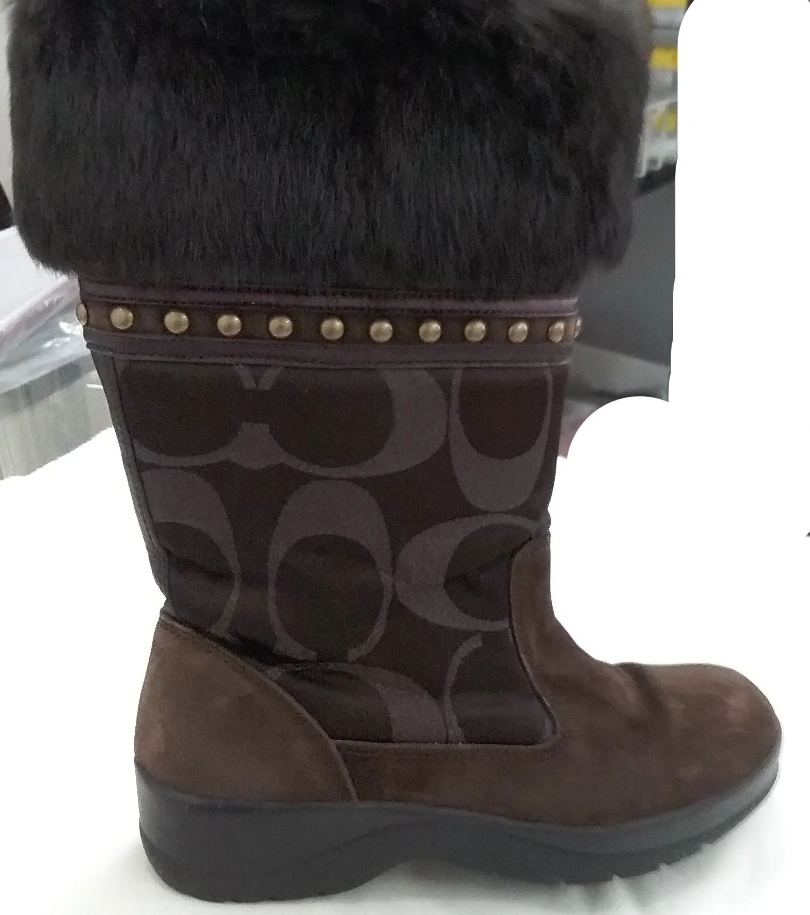 Coach Lesly Brown Canvas, Suede and Fur Boots