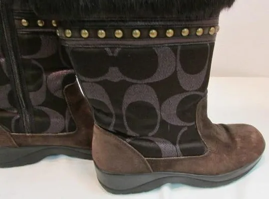 Coach Lesly Brown Canvas, Suede and Fur Boots