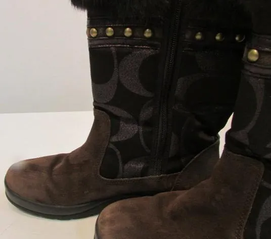 Coach Lesly Brown Canvas, Suede and Fur Boots