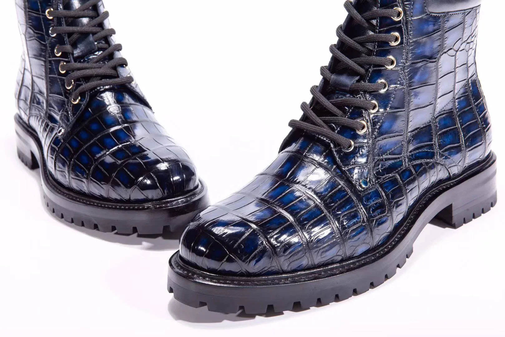 Crocodile Shoes Mens Boots Genuine Crocodile Skin Leather High-top Lace Up  Anti-Slip Boot Vintage Blue