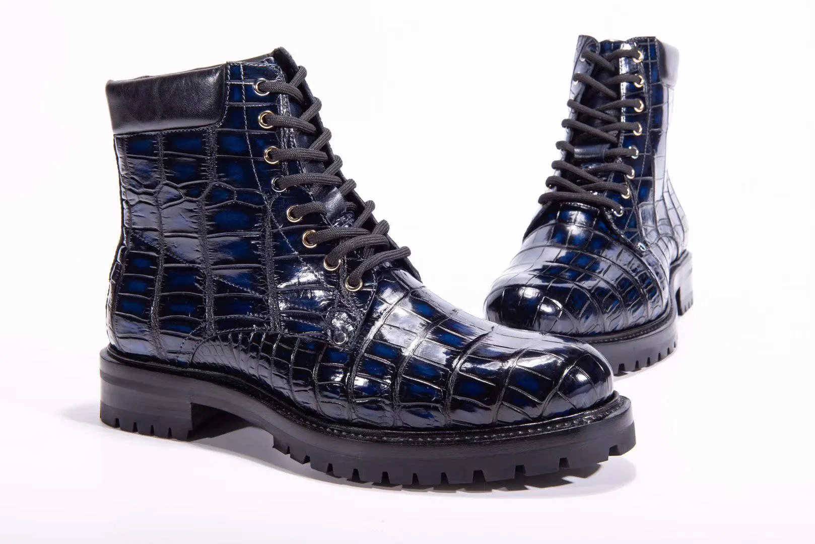 Crocodile Shoes Mens Boots Genuine Crocodile Skin Leather High-top Lace Up  Anti-Slip Boot Vintage Blue