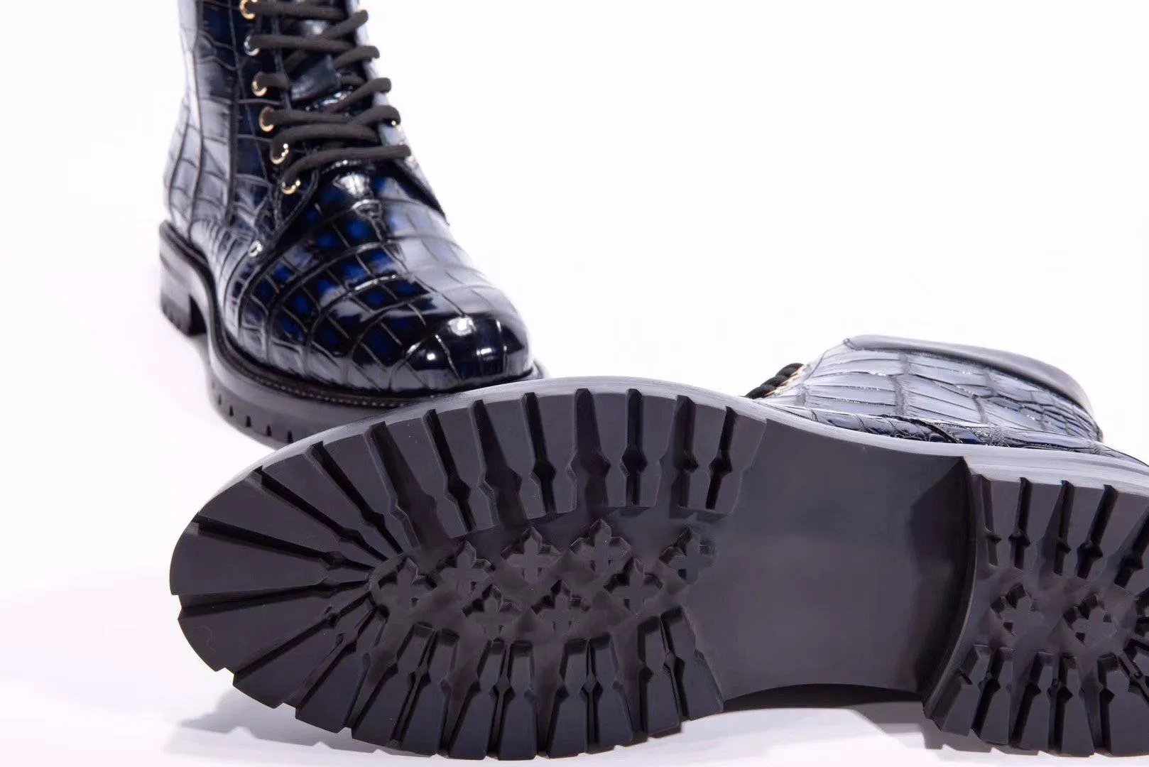 Crocodile Shoes Mens Boots Genuine Crocodile Skin Leather High-top Lace Up  Anti-Slip Boot Vintage Blue