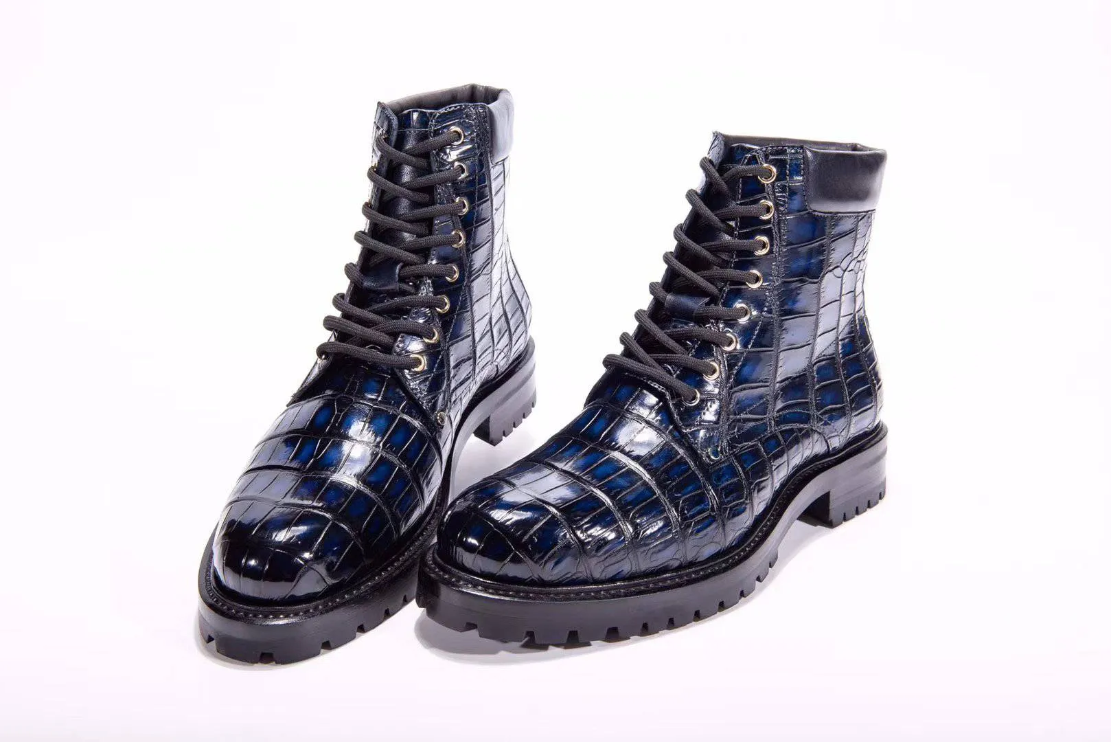 Crocodile Shoes Mens Boots Genuine Crocodile Skin Leather High-top Lace Up  Anti-Slip Boot Vintage Blue