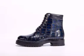 Crocodile Shoes Mens Boots Genuine Crocodile Skin Leather High-top Lace Up  Anti-Slip Boot Vintage Blue