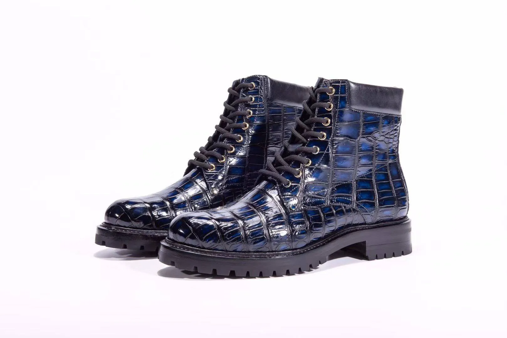 Crocodile Shoes Mens Boots Genuine Crocodile Skin Leather High-top Lace Up  Anti-Slip Boot Vintage Blue