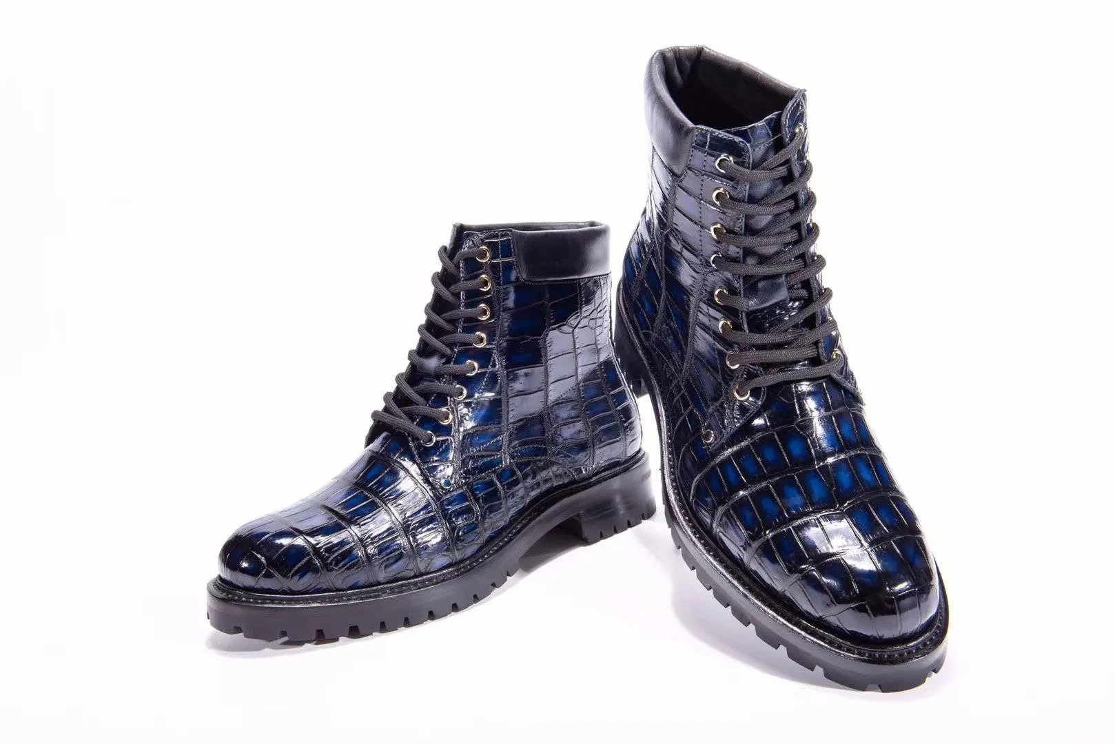 Crocodile Shoes Mens Boots Genuine Crocodile Skin Leather High-top Lace Up  Anti-Slip Boot Vintage Blue