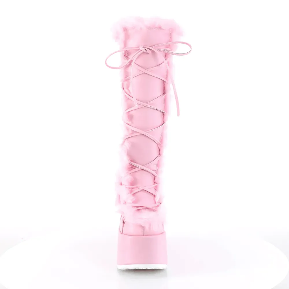 DEMONIA Pink Faux Fur Trimmed Knee High Boots