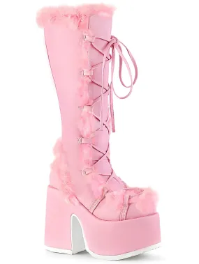 DEMONIA Pink Faux Fur Trimmed Knee High Boots