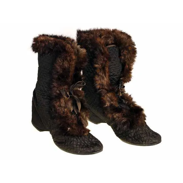 Edwardian Quilted Silk/Leather Fur Trim High Boots 1919 Daniel Green