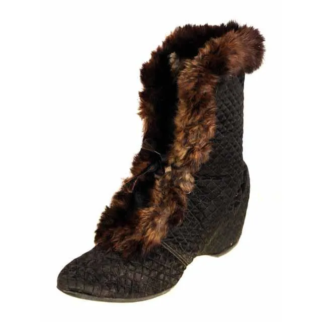 Edwardian Quilted Silk/Leather Fur Trim High Boots 1919 Daniel Green