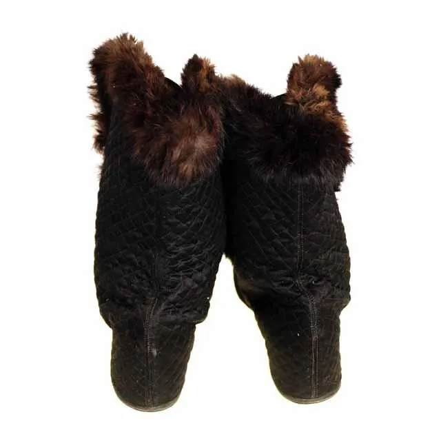 Edwardian Quilted Silk/Leather Fur Trim High Boots 1919 Daniel Green