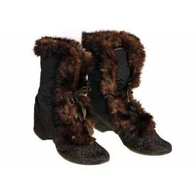 Edwardian Quilted Silk/Leather Fur Trim High Boots 1919 Daniel Green