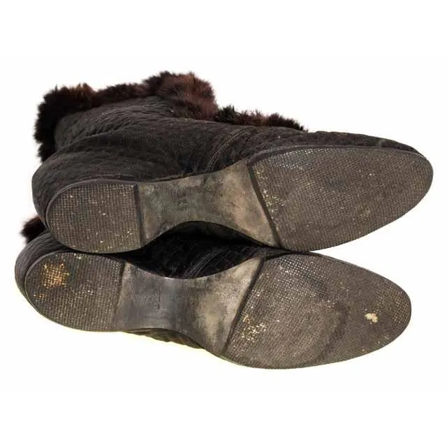 Edwardian Quilted Silk/Leather Fur Trim High Boots 1919 Daniel Green