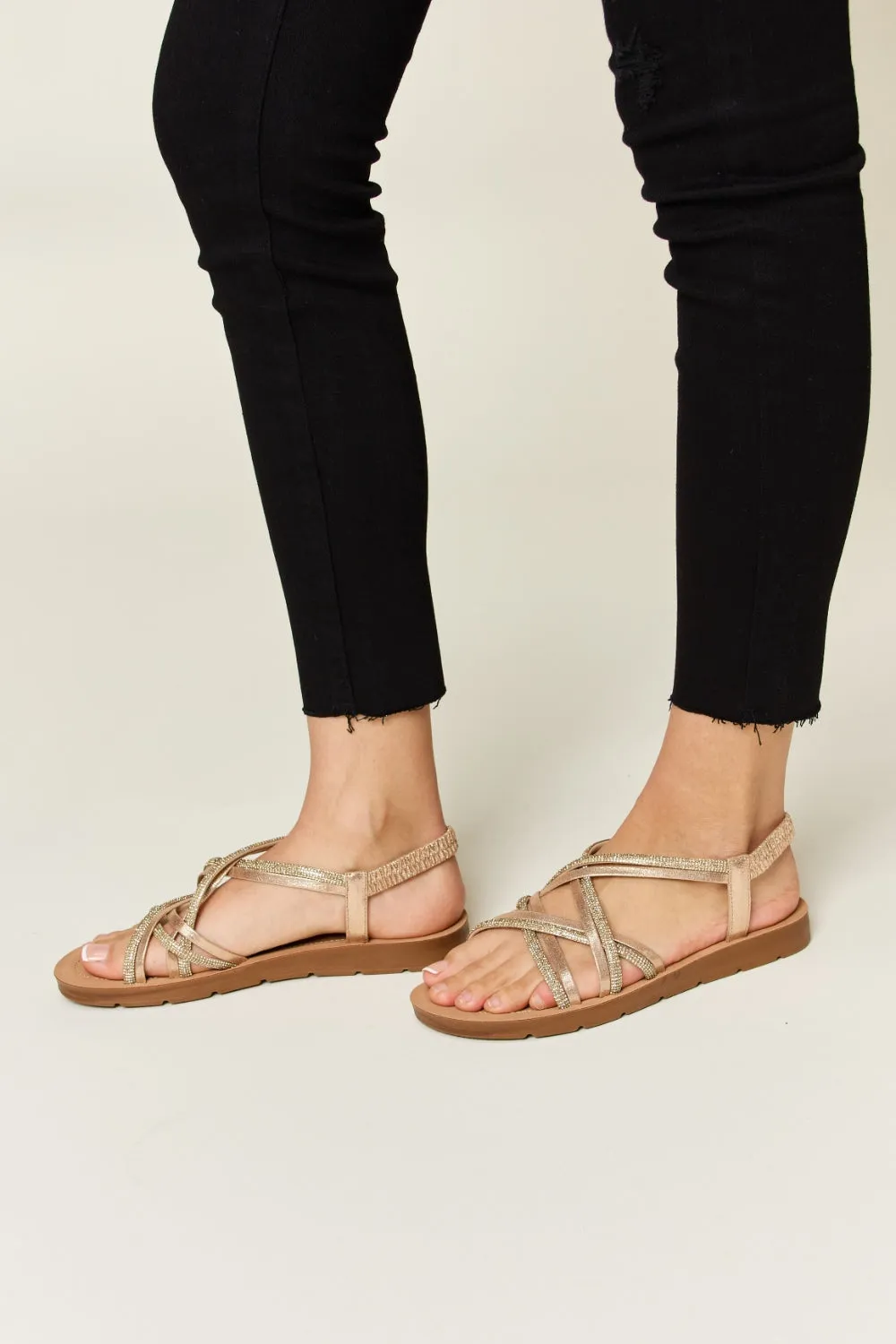 Forever Link Rhinestone Crisscross Gold Tone Ankle Strap Gladiator Flat Sandals