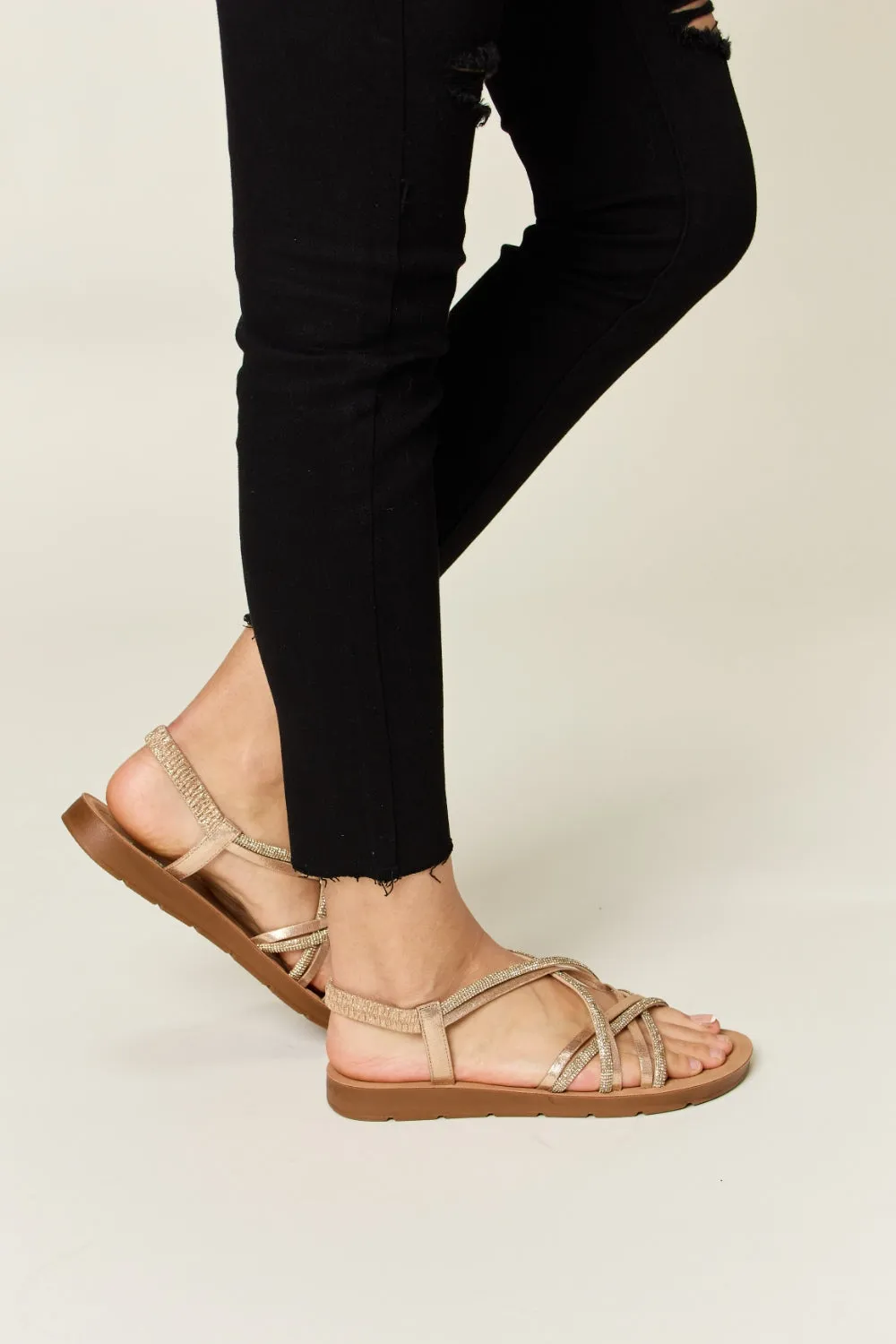 Forever Link Rhinestone Crisscross Gold Tone Ankle Strap Gladiator Flat Sandals