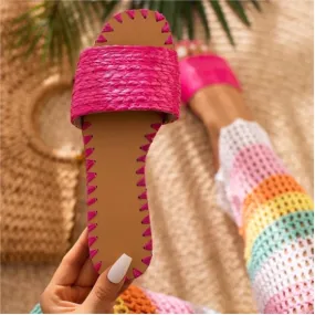 Fuchsia Bright Pink Raffia Woven Summer Slip On Sandals