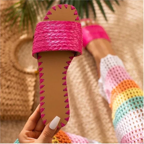 Fuchsia Bright Pink Raffia Woven Summer Slip On Sandals