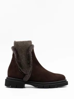 Fur trimmed ankle boots in brown suede