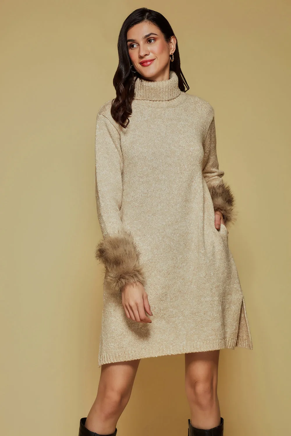 Fur Trimmed Sweater Dress