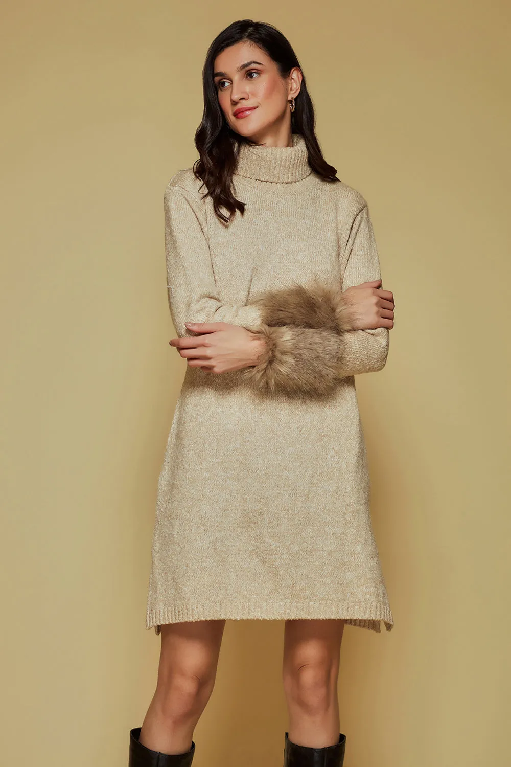 Fur Trimmed Sweater Dress