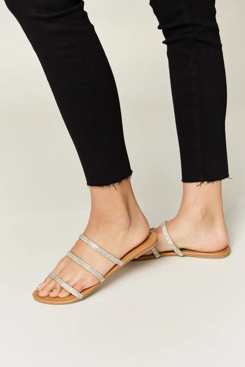 Hazel Blues® |  WILD DIVA Rhinestone Three-Strap Flat Sandals
