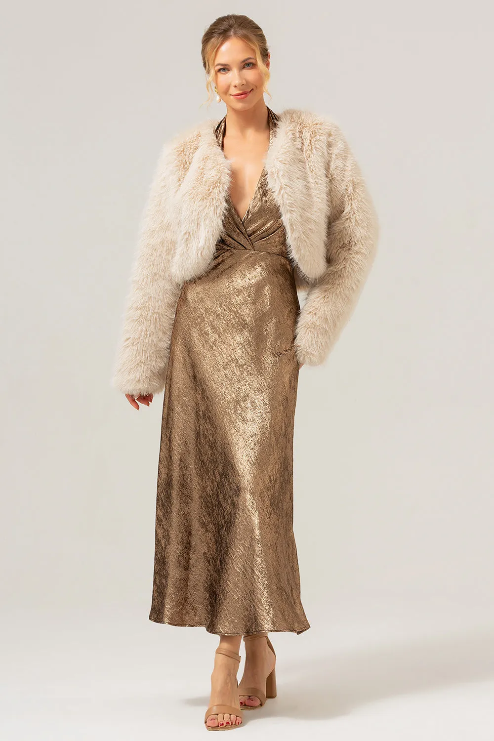 Open Front Apricot Shearling Faux Fur Cropped Coat