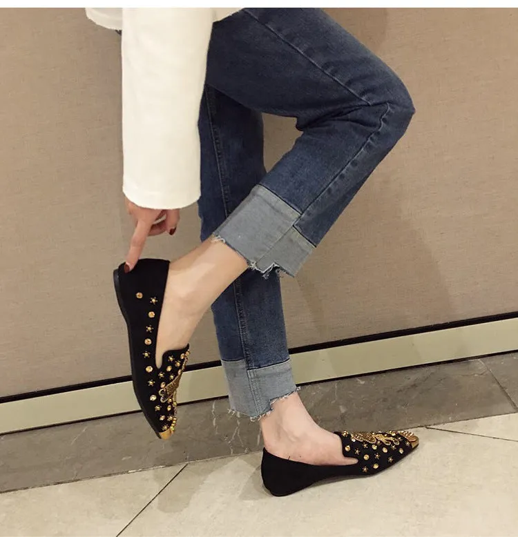 Pointed Tide Versatile Rhinestone Rivet Shallow Flat Sole Single Shoes