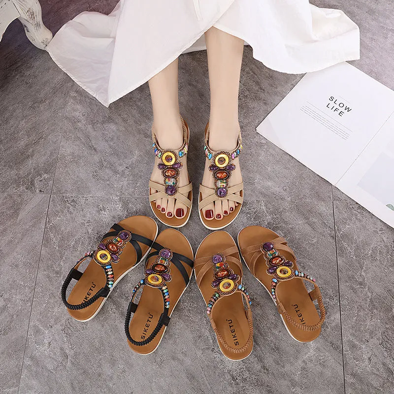 SIKETU | Open Toe Beaded Colorful Flat Sandals