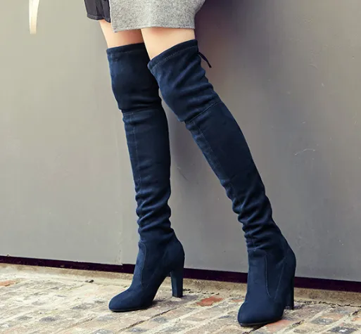 Velvet High Heels Chunky Thigh High Boots  for Women 7966
