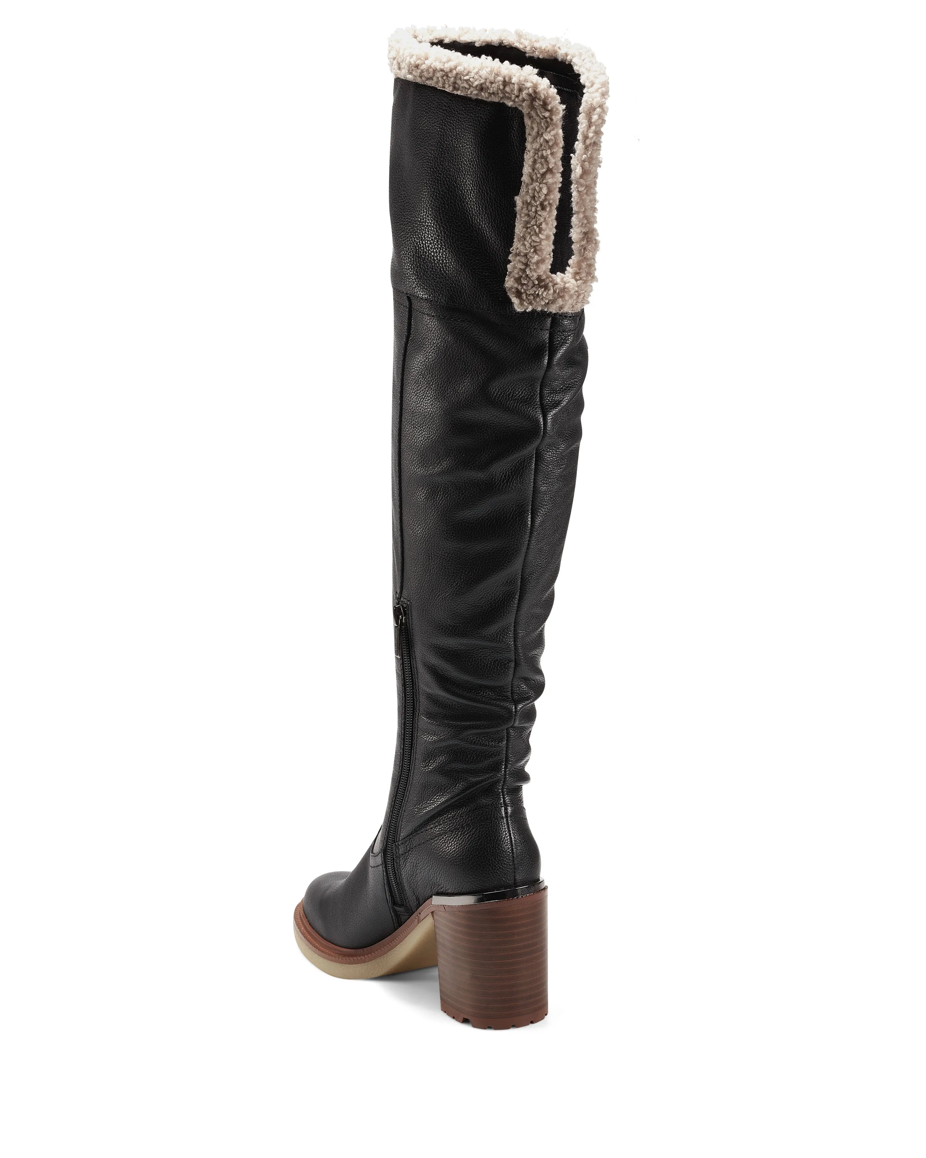 Vince Camuto Gambrel Black Taupe Pull On Rounded Toe Stacked Heel Boot