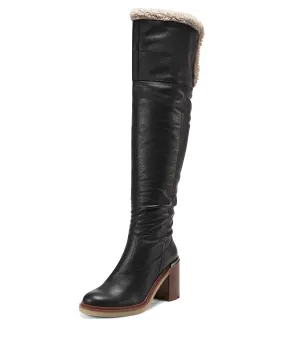Vince Camuto Gambrel Black Taupe Pull On Rounded Toe Stacked Heel Boot