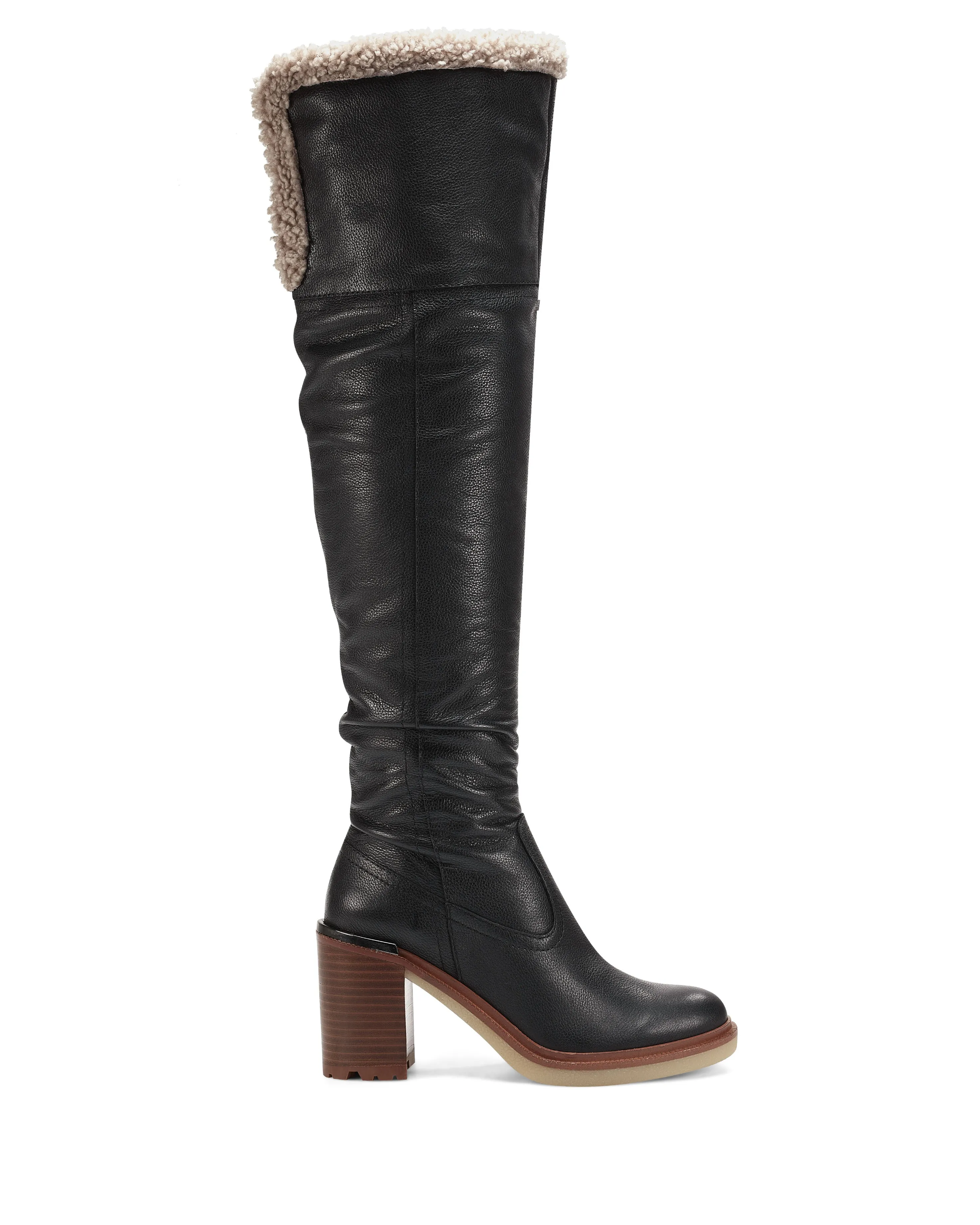 Vince Camuto Gambrel Black Taupe Pull On Rounded Toe Stacked Heel Boot