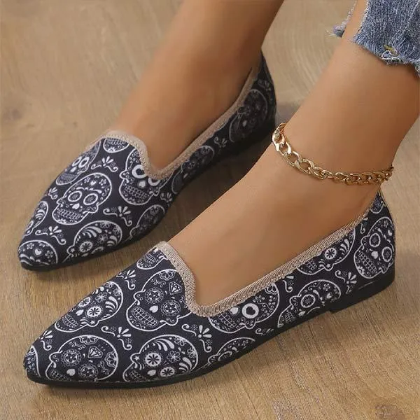 Women's Pointed Toe Shallow Mouth Skull Head Flat Shoes 13423018C