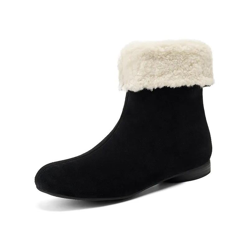 Women's Retro Leather Shearling-Lined Mid-Calf Boots with Foldable Cuff Deep Brown/Khaki/Black