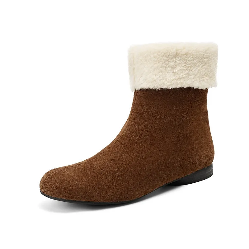 Women's Retro Leather Shearling-Lined Mid-Calf Boots with Foldable Cuff Deep Brown/Khaki/Black
