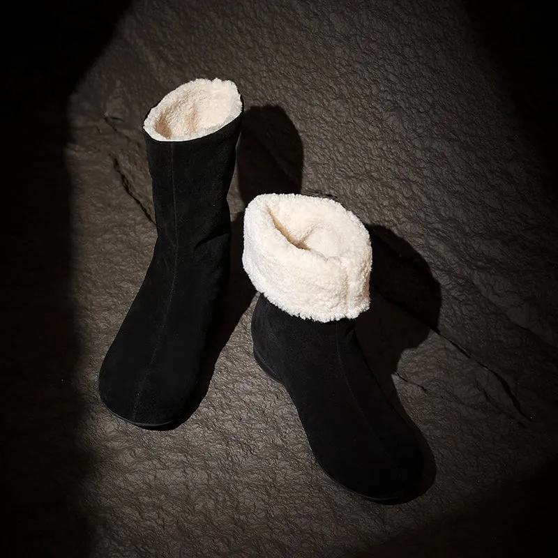 Women's Retro Leather Shearling-Lined Mid-Calf Boots with Foldable Cuff Deep Brown/Khaki/Black