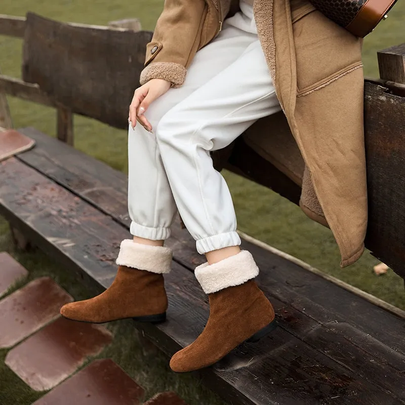 Women's Retro Leather Shearling-Lined Mid-Calf Boots with Foldable Cuff Deep Brown/Khaki/Black