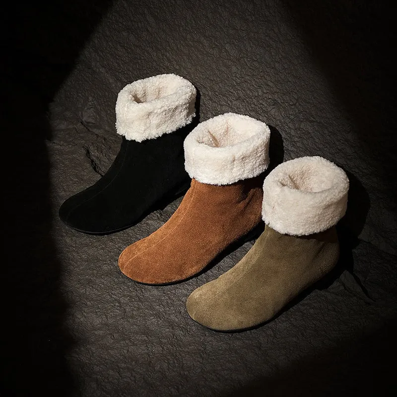 Women's Retro Leather Shearling-Lined Mid-Calf Boots with Foldable Cuff Deep Brown/Khaki/Black