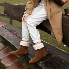 Women's Retro Leather Shearling-Lined Mid-Calf Boots with Foldable Cuff Deep Brown/Khaki/Black