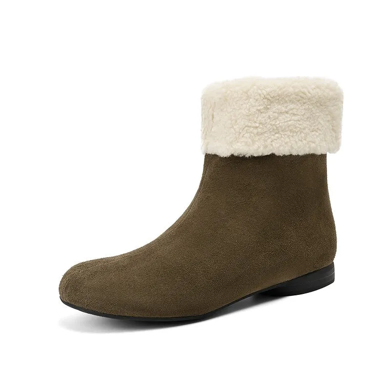 Women's Retro Leather Shearling-Lined Mid-Calf Boots with Foldable Cuff Deep Brown/Khaki/Black